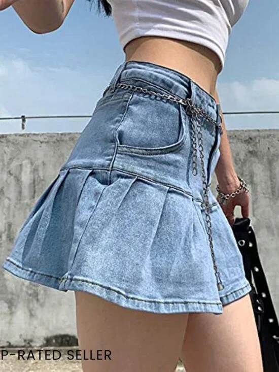 Pleated Denim Mini Skirt A-Line High Waist Y2K Preppy Casual Trendy - Picture 3 of 7